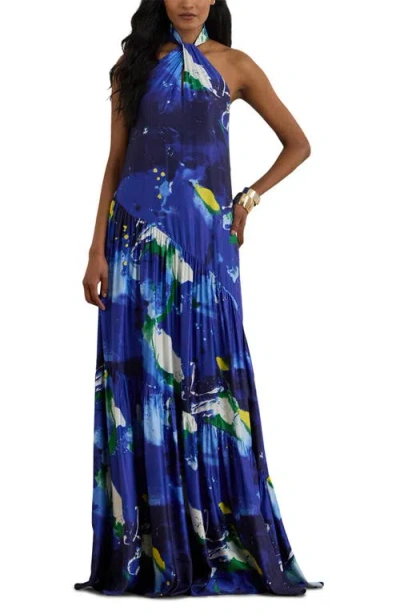 Ralph Lauren Abstract-print Shantung Halter Gown In Blue Multi