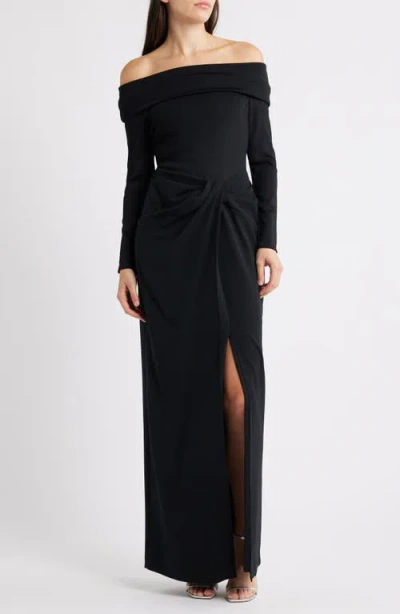 RALPH LAUREN LAUREN RALPH LAUREN OFF THE SHOULDER LONG SLEEVE RIB & CREPE GOWN