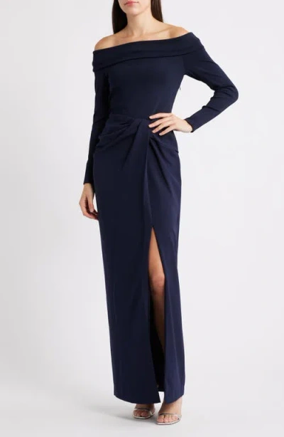 Ralph Lauren Lauren  Off The Shoulder Long Sleeve Rib & Crepe Gown In Blue