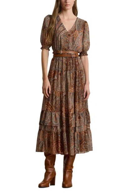 Ralph Lauren Lauren  Paisley Belted Crinkle Georgette Midi Dress In Multi