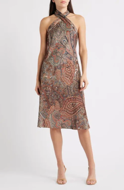 Ralph Lauren Lauren  Paisley Charmeuse Halter Cocktail Dress In Brown