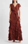 Ralph Lauren Lauren  Paisley Ruffle Trim Flutter Sleeve Gown In Brown