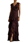 Ralph Lauren Lauren  Paisley Tiered Ruffle Trim Gown In Brown