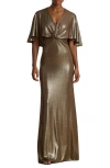 Ralph Lauren Lauren  Phinya Metallic Twist Front Capelet Gown In Brown