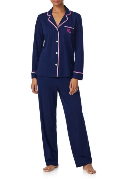 Ralph Lauren Lauren  Piped Cotton Blend Pajamas In Blue