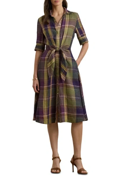 Ralph Lauren Lauren  Plaid Tie Front Linen Shirtdress In Multi