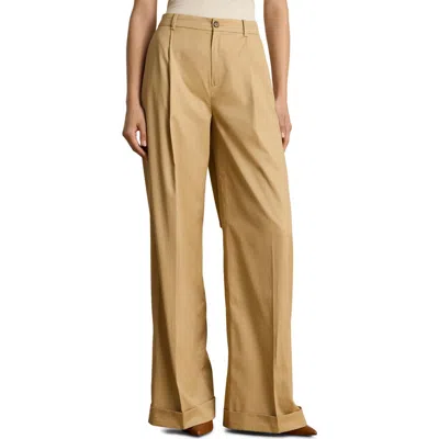 Ralph Lauren Lauren  Pleat Front Wide Leg Cotton Twill Pants In Brown