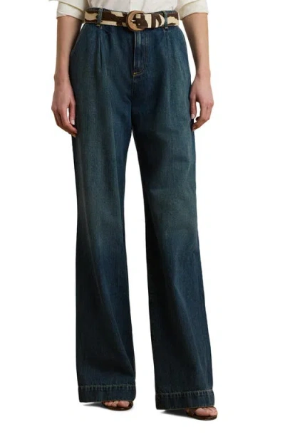 Ralph Lauren Lauren  Pleated High Waist Wide Leg Jeans In Green