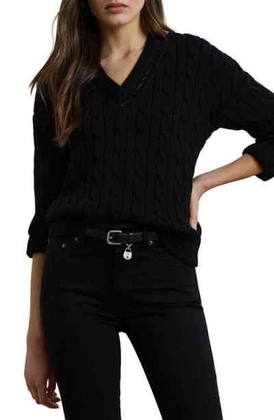 Ralph Lauren Lauren  Pointelle & Cable Knit Cricket Sweater In Black