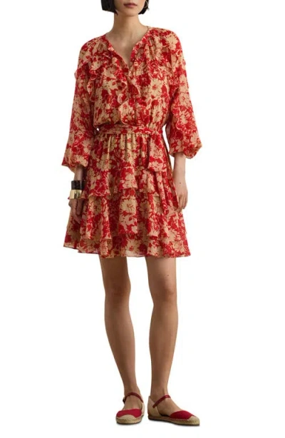 Ralph Lauren Womens Print Ruffle Trim Band Collar Tiered Dress In Red