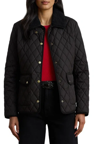 Ralph Lauren Lauren  Quilted Faux Shearling Collar Jacket In Black