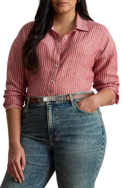 Ralph Lauren Lauren  Relaxed Fit Stripe Linen Button-up Shirt In Pink