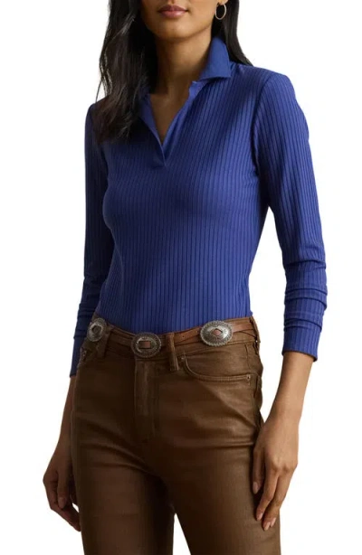 Ralph Lauren Rib-knit Long-sleeve Polo Top In Blue