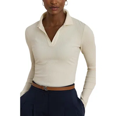 Ralph Lauren Lauren  Rib Long Sleeve Polo Top In Neutral