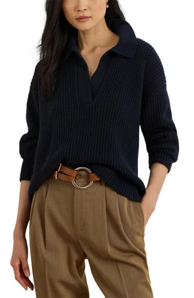RALPH LAUREN LAUREN RALPH LAUREN RIB WOOL BLEND JOHNNY COLLAR SWEATER
