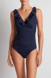Ralph Lauren Beach Club Ruffle One-piece Swimsuits Womens Blue Buu572