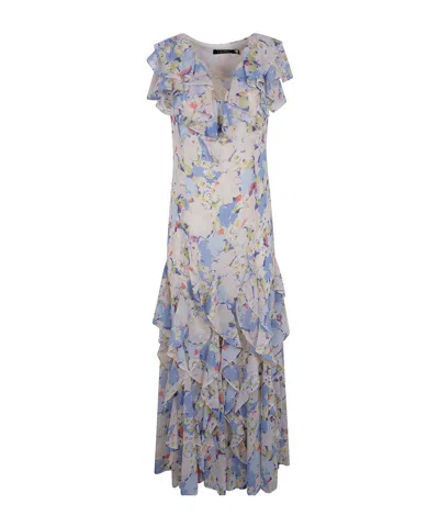 Ralph Lauren Lauren  Ruffled Floral Maxi Dress In Blue