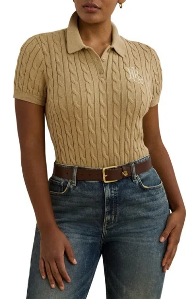 Ralph Lauren Lauren  Short Sleeve Cable Knit Cotton Polo Sweater In Brown