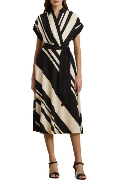 Ralph Lauren Lauren  Short Sleeve Crepe Faux Wrap Dress In Cream,black