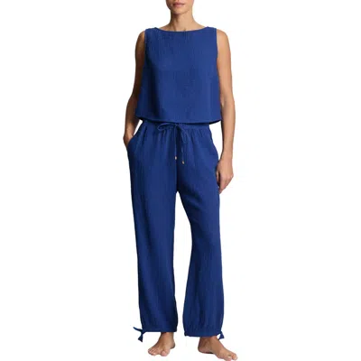 Ralph Lauren Lauren  Sleeveless Cotton Top & Wide Leg Pants Cover-up Set In Blue