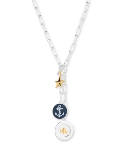 Ralph Lauren Lauren  Sterling Silver & 18k Gold-plated Vermeil Nautical Logo Charm 17" Lariat Necklac In Navy
