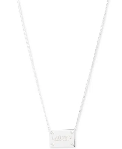 Ralph Lauren Lauren  Sterling Silver Crystal Logo Pendant 15" Necklace In Metallic