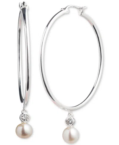 Ralph Lauren Lauren  Sterling Silver Freshwater Pearl (6mm) Drop Hoop Earrings In Metallic