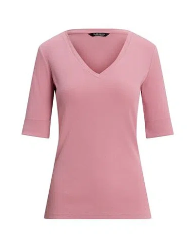 Ralph Lauren Lauren  Stretch Cotton Elbow-sleeve V-neck Tee Woman T-shirt Pink Size L Cotton, Elastan