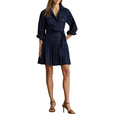 Ralph Lauren Lauren  Stretch Cotton Long Sleeve Shirtdress In Blue