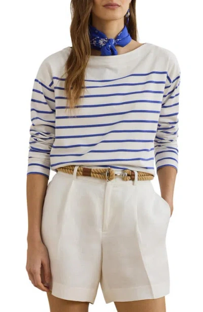 Ralph Lauren Striped Cotton Jersey Boatneck Top In White
