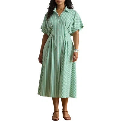 Ralph Lauren Lauren  Stripe Gathered Waist Cotton Shirtdress In Green