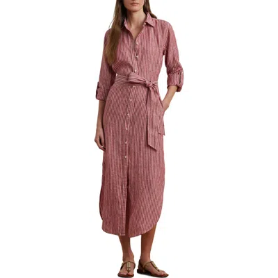 Ralph Lauren Lauren  Stripe Long Sleeve Linen Shirtdress In Pink