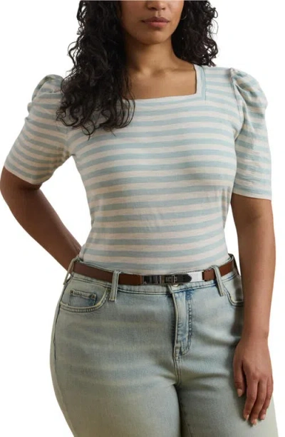 Ralph Lauren Lauren  Stripe Sqaure Neck Cotton T-shirt In Aqua Pearl/mascarpone Cream