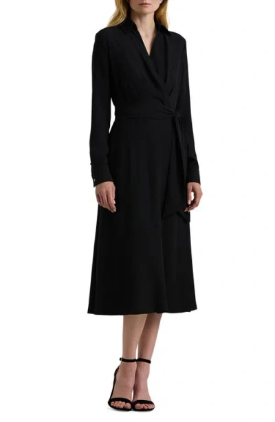 Ralph Lauren Lauren  Surplice Long Sleeve Georgette Midi Shirtdress In Black