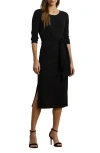 Ralph Lauren Lauren  Tie Waist Rib Cotton Blend Midi Dress In Black