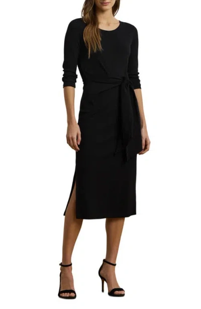 Ralph Lauren Ribbed Tie-up Midi Dress In Black