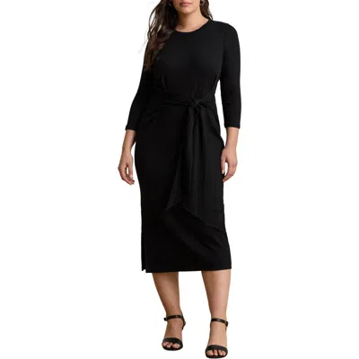 Ralph Lauren Lauren  Tie Waist Rib Cotton Blend Midi Dress