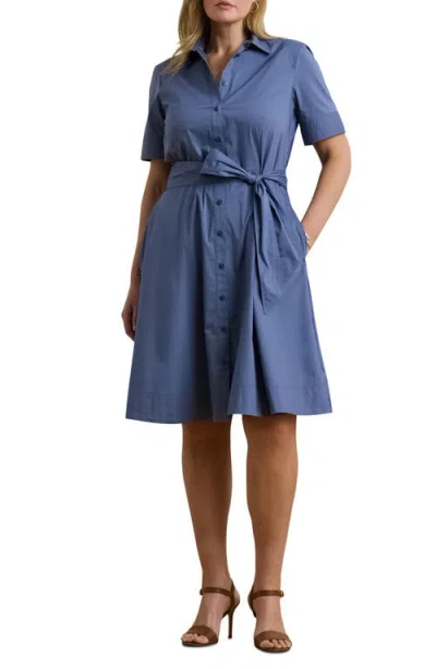 Ralph Lauren Lauren  Tie Waist Stretch Poplin Shirtdress In Blue