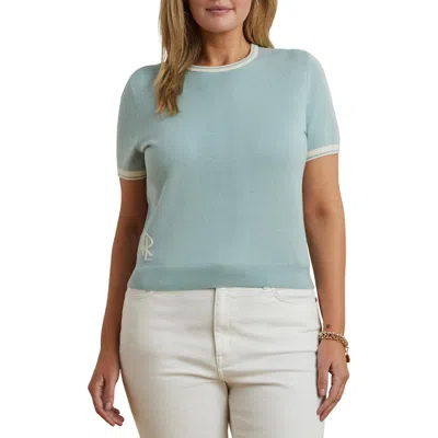 Ralph Lauren Lauren  Tipped Short Sleeve Crewneck Sweater In Aqua Pearl/mascarpone Cream