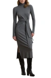 Ralph Lauren Lauren  Turtleneck Tie Waist Long Sleeve Rib Cotton Blend Midi Dress In Gray