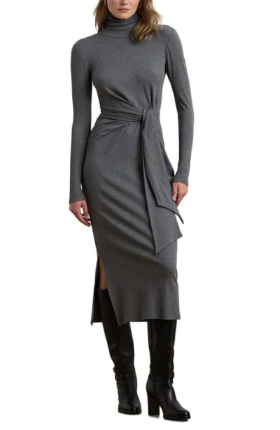 Ralph Lauren Lauren  Turtleneck Tie Waist Long Sleeve Rib Cotton Blend Midi Dress In Gray