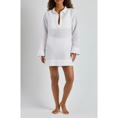 Ralph Lauren Lauren  Wide Cuff Long Sleeve Linen & Cotton Cover-up Dress In White