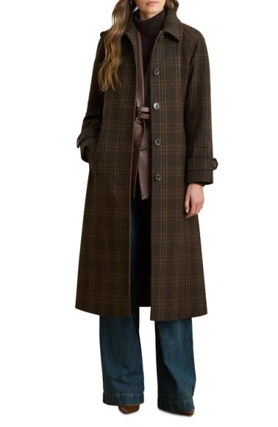 Ralph Lauren Lauren  Windowpane Plaid Wool Blend Trench Coat In Brown
