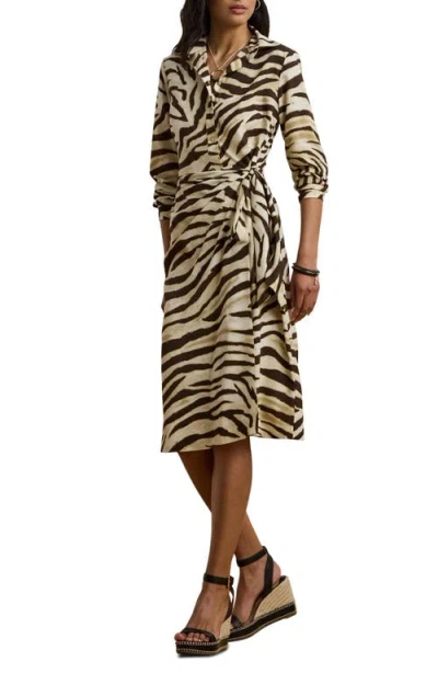 Ralph Lauren Lauren  Zebra Print Tie Waist Long Sleeve Crepe Shirtdress