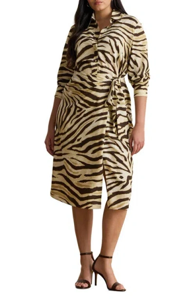 Ralph Lauren Lauren  Zebra Print Tie Waist Long Sleeve Crepe Shirtdress