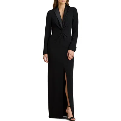 Ralph Lauren Lauren  Zeenai Long Sleeve Tuxedo Sheath Gown In Black