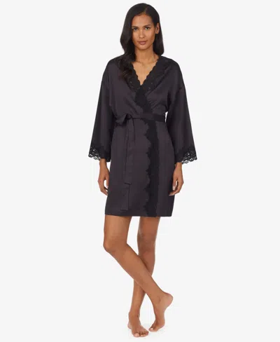 Ralph Lauren Lauren Ralph Satin Lauren Lace-trim Wrap Robe Lingerie In Black