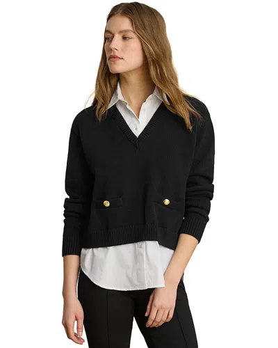 Ralph Lauren Layered Button Trim Cotton Sweater In Black