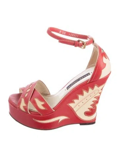 Pre-owned Ralph Lauren Leather Colorblock Pattern Slingback Sandals In Red