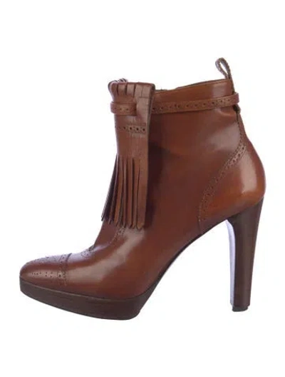 Pre-owned Ralph Lauren Leather Fringe Trim Accent Boots In Brown